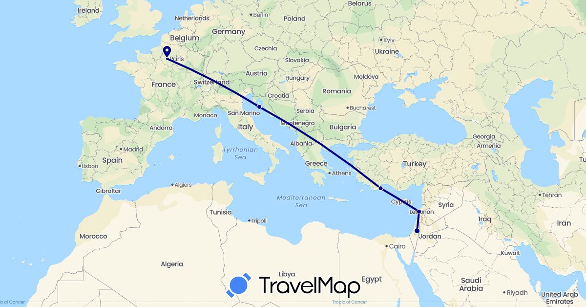 TravelMap itinerary: driving in France, Croatia, Israel, Lebanon, Turkey (Asia, Europe)